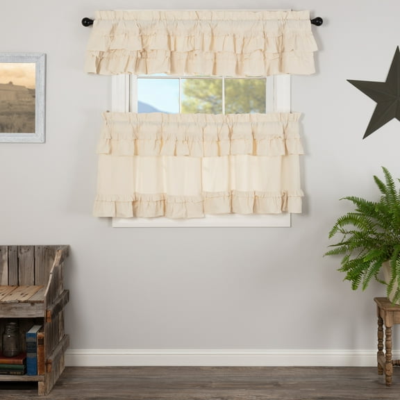 VHC Brands Muslin Ruffled Unbleached Natural 3 PC Creme Ruffled Curtain Set (1 Valance 16x72 and 2 Tier 24x36)