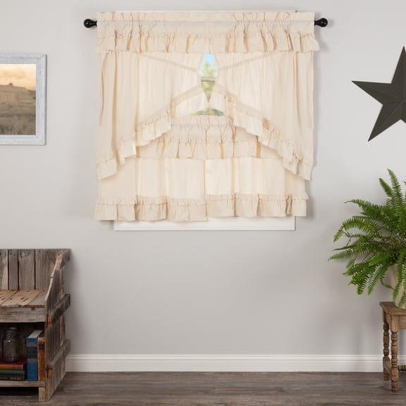 VHC Brands Muslin Ruffled Unbleached Natural 4 PC Creme Ruffled Curtain Set (2 Prairie Swag 36x18 and 2 Tier 24x36)