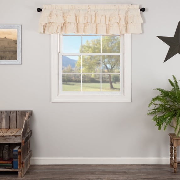 VHC Brands Muslin Ruffled Unbleached Natural Tan Valance Farmhouse Cotton Window Treatment for Living Room or Kitchen 16" Lx72 W