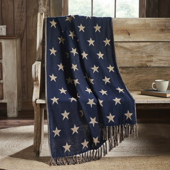 VHC Brands My Country Jacquard Woven Throw 50x60, Bedroom and Living Room Decor, Blanket, Cotton, My Country Collection, Rectangle 60x50, Navy