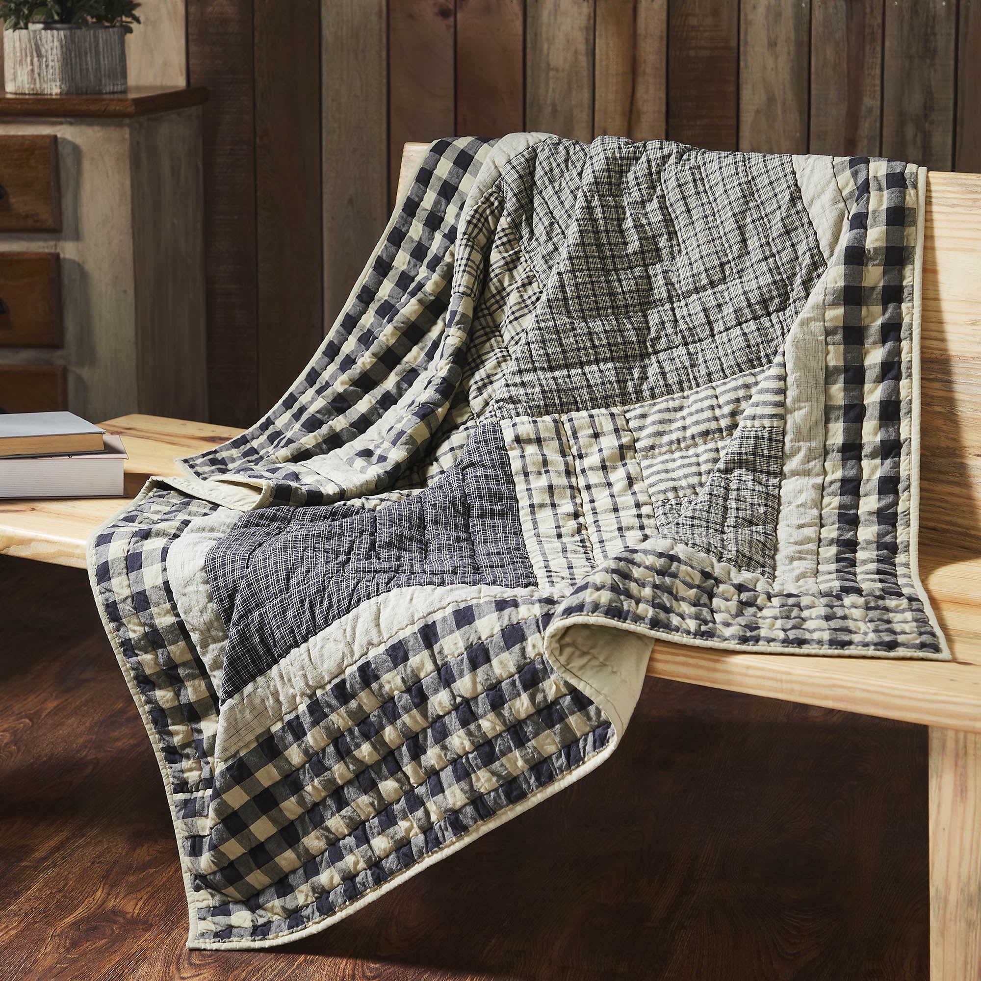 Navy and Beige Cotton Patchwork Quilted Throw Blanket 50x60