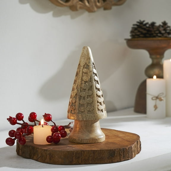 VHC Brands Natural Wooden Carved Cone Tree Small 7.25x3x3