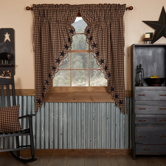VHC Brands Navy Star Scalloped Prairie Window Curtains, Short Panel Set of 2, Blue, 63x36x18