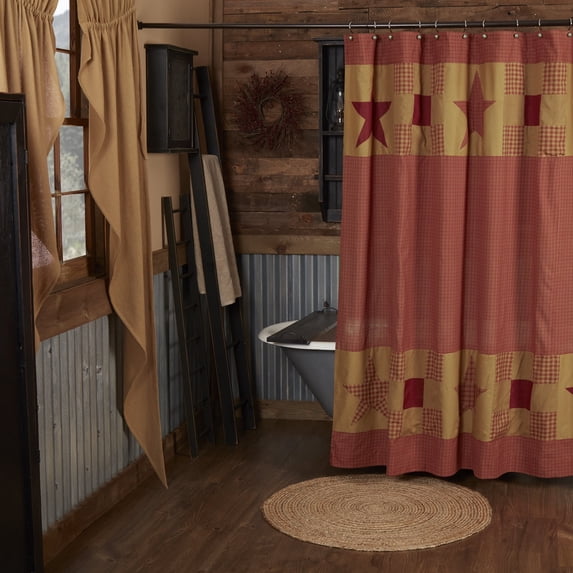 VHC Brands Ninepatch Star Bath Decor, Shower Curtain w/ Patchwork Borders, Red, 72x72