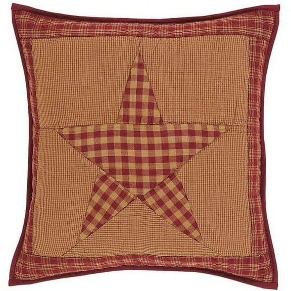 VHC Brands Ninepatch Star Primitive 16"x16" Pillow Red Patchwork Cotton Hand Quilted Square Bedroom Decor