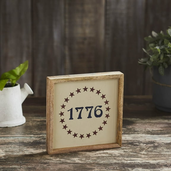 VHC Brands Patriotic 1776 Stars Wooden Sign 7x7, Independence Day Decor, 1776 in a Circle of Stars, Distressed Appearance Tropical Wood Sign, Square Shape, Americana, Dark Creme