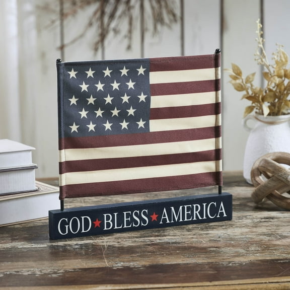 VHC Brands Patriotic Canvas American Flag on Blue Base 12x14x1, Americana Independence Day Home Decor, Tabletop Decorations, Fourth of July Decorative Display