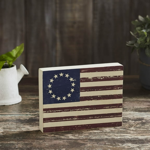VHC Brands Patriotic Colonial Flag Wooden Sign 6x8x1.5, Independence Day Decor, Stars and Stripes, Distressed Appearance Tropical Wood Sign, Rectangle Shape, Americana, Dark Creme