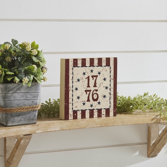 VHC Brands Patriotic My Country 1776 w/Blue Stars & Stripes MDF Block Sign 6x6x1, Independence Day Decor, Decorative Sign, Rustic Farmhouse Fourth of July Decorations, Deep Red, Blue, Light Tan