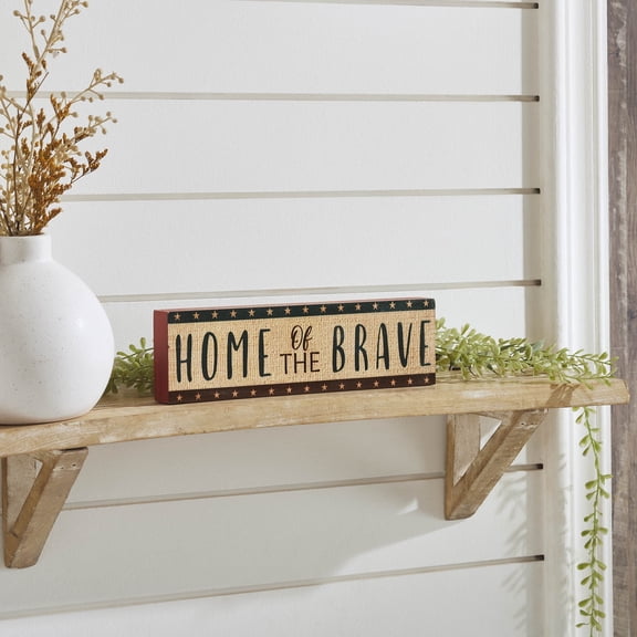 VHC Brands Patriotic Home Of The Brave w/Red Blue Star Stripes MDF Block Sign 3x10x1, Independence Day Decor, Decorative Sign, Rustic Farmhouse Fourth of July Decorations