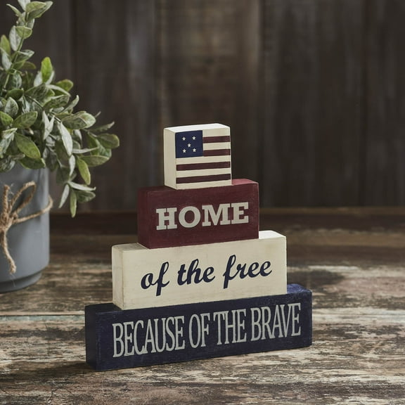 VHC Brands Patriotic Home Of The Free Wooden Block Stack 8x8x1.25, Independence Day Decor, Flag on on Red, White and Blue Block Stack, Printed Tropical Wood Figurine, Rectangle Shape, Creme