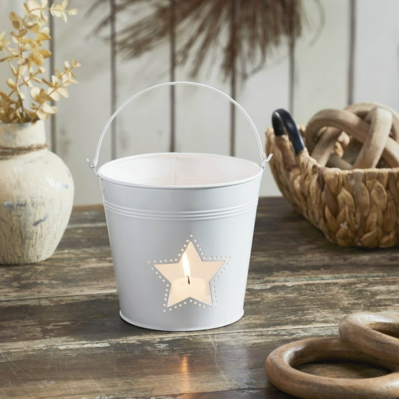 VHC Brands Patriotic Metal Bucket w/ Star Cutout 6x6.5x5, Fourth of July Pail with Handle, Independence Day Decor, Decorative Container