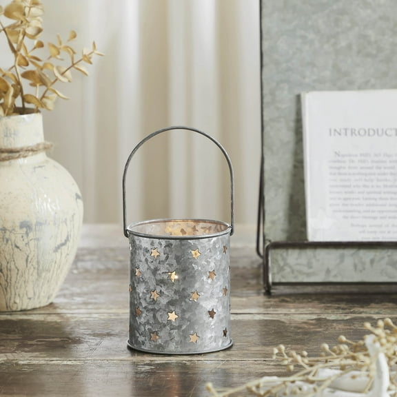 VHC Brands Patriotic Metal Votive Candle Holder w/ Punched Stars Galvanized 3.75x3.25x3.25, Independence Day Decor, Decorative Table Top Accent, Fourth of July Decorations, Galvanized Grey