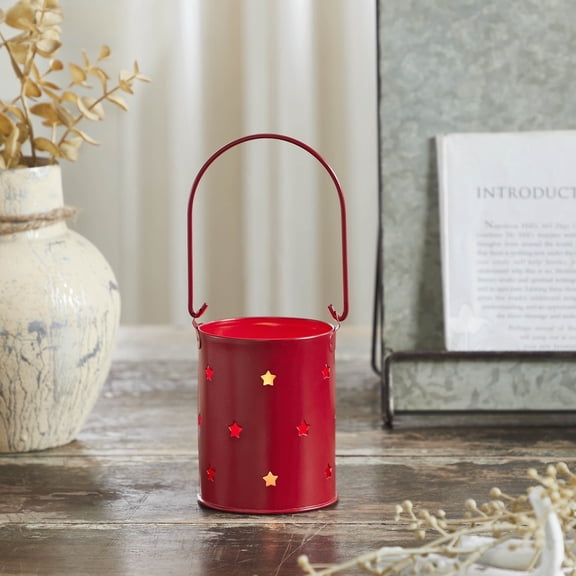 VHC Brands Votive Candle Holder w/Stars Cutout Barn Red 3.75x3