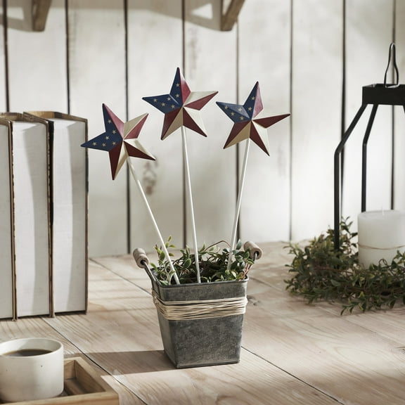 VHC Brands Patriotic Painted Metal American Flag Theme Star on Pick Set of 3 12x3.5, Independence Day Decor, Decorative Picks, Rustic Farmhouse Decorations, Patriot Blue, Merlot, Light Tan