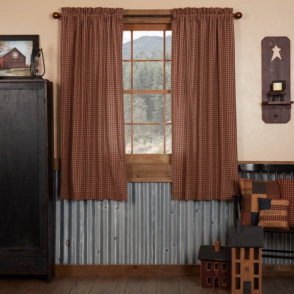 VHC Brands Patriotic Patch Window Curtains, Plaid Short Panel Set of 2, Red, 63x36