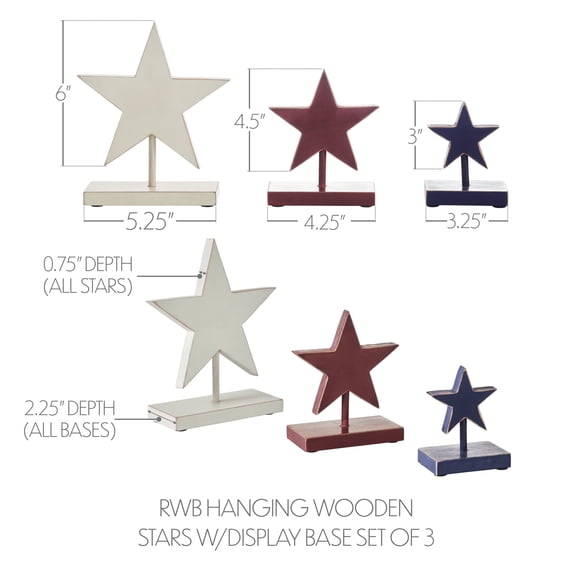 VHC Brands Patriotic RWB Hanging Wooden Stars w/Display Base Set of 3, Independence Day Decor, Star Design, Printed MDF Figurine, Star Shape, Americana, Dark Creme