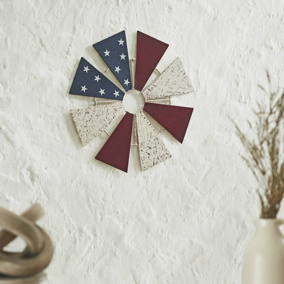 VHC Brands Patriotic USA Flag Metal Windmill Blades Wall Hanging 12.5x12.5, Independence Day Decor, Decorative Wall Art, Rustic Farmhouse Decorations, Deep Red, Navy Blue, Creme
