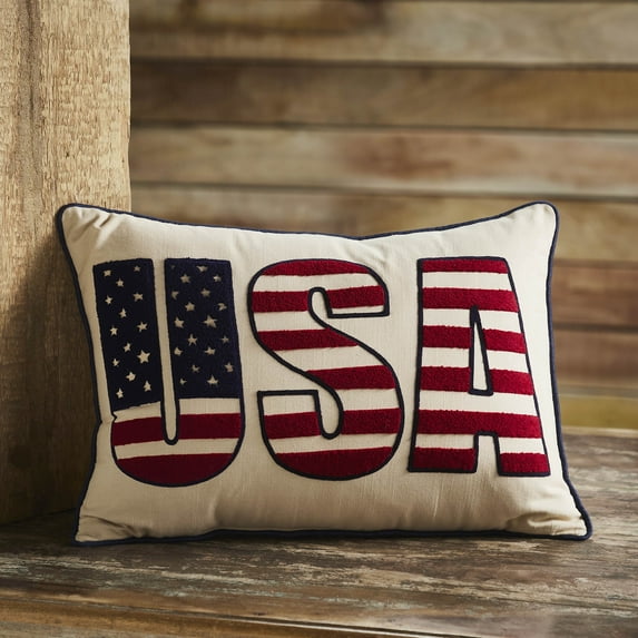 VHC Brands Patriotic USA Pillow 14x20, Independence Day Decor, Stars and Stripes Flag Design, Embroidered Cotton Pillow, Perfect for Bedroom, Entry, Living Room, Rectangle Shape, Americana, Natural