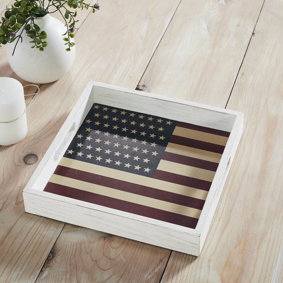 VHC Brands Patriotic Vintage USA Flag Decorative Tray 12x12x2, Fourth of July Serving Platter, Independence Day Decor, American Flag Decoration