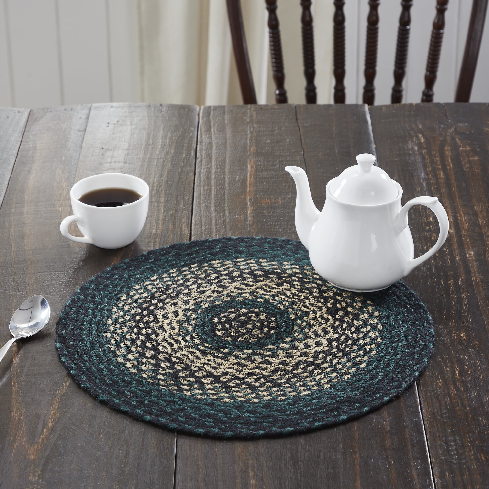Pine Green and Black Woven Jute Round Trivet