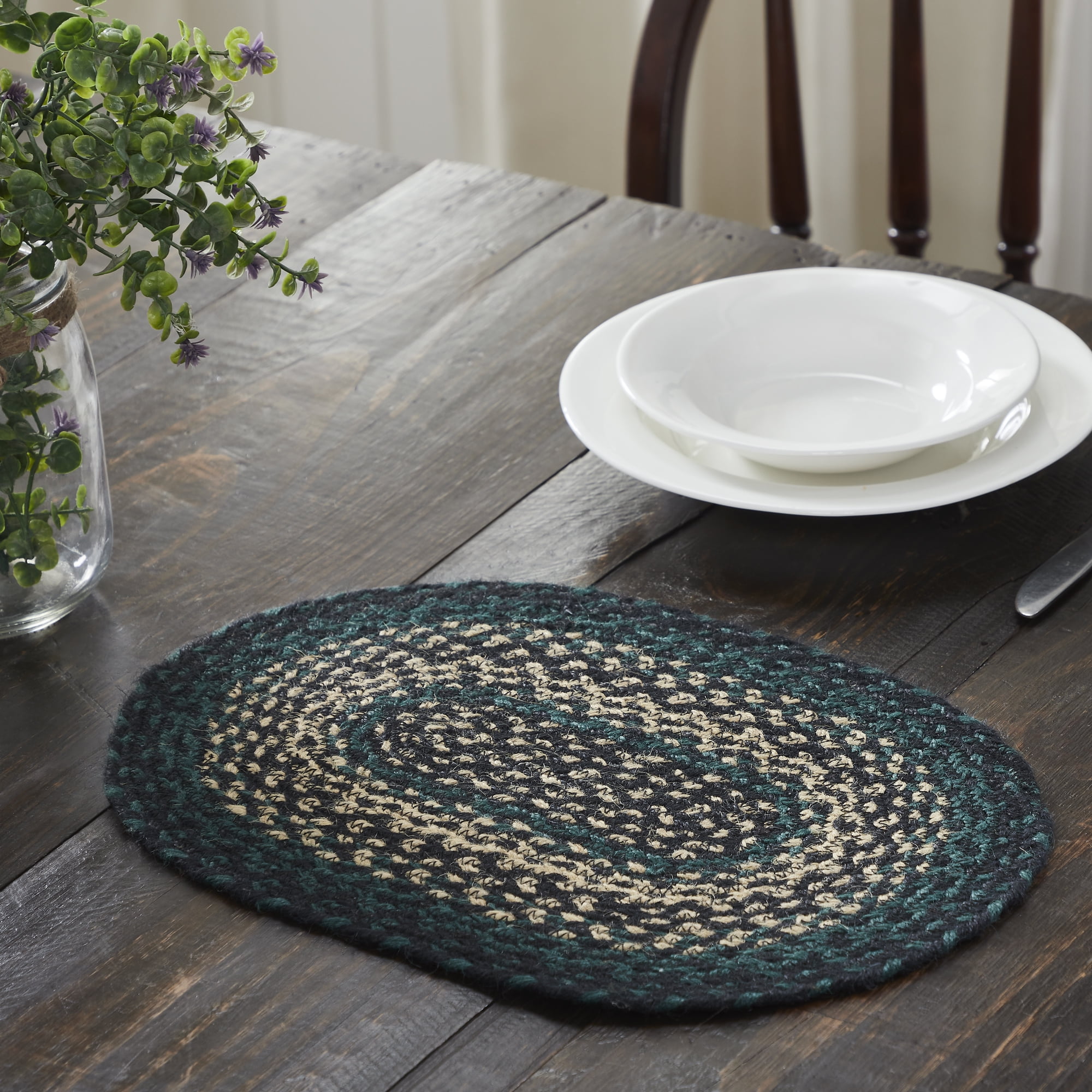 Pine Green and Black Braided Jute Oval Placemat 10x15