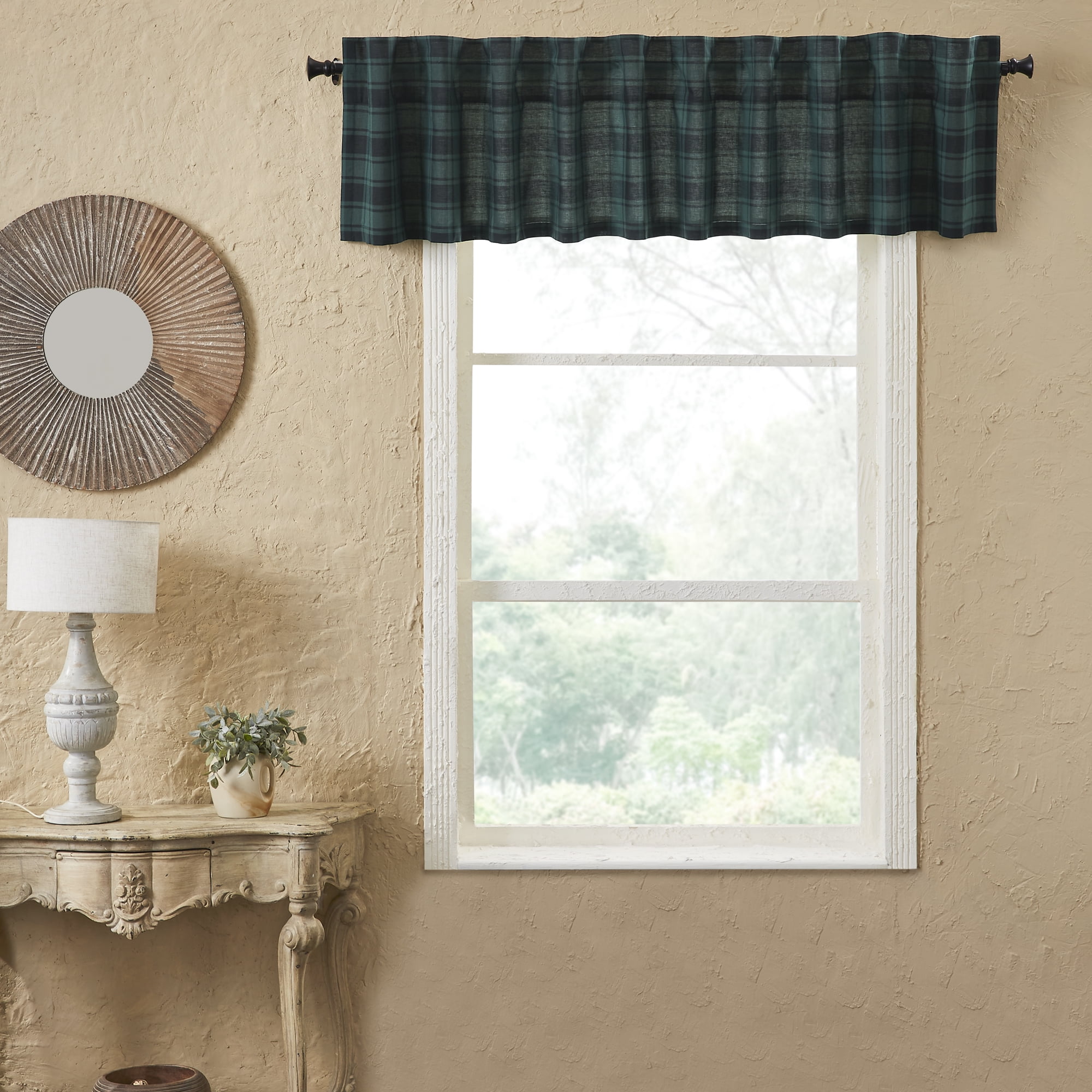Forest Green and Black Plaid Rod Pocket Valance, 90" Width