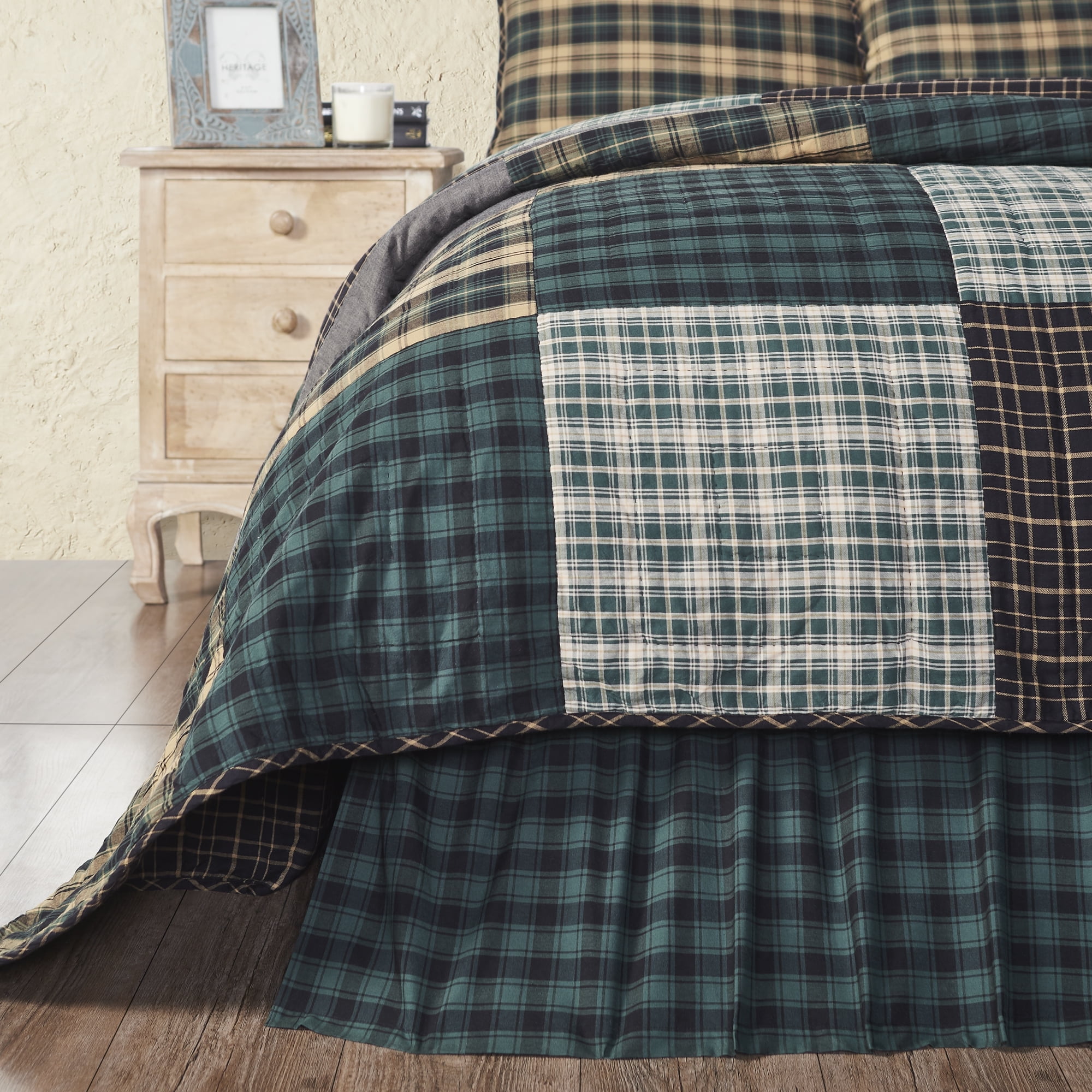 VHC Brands, Pine Grove Plaid King Bed Skirt, Green, 78x80x16