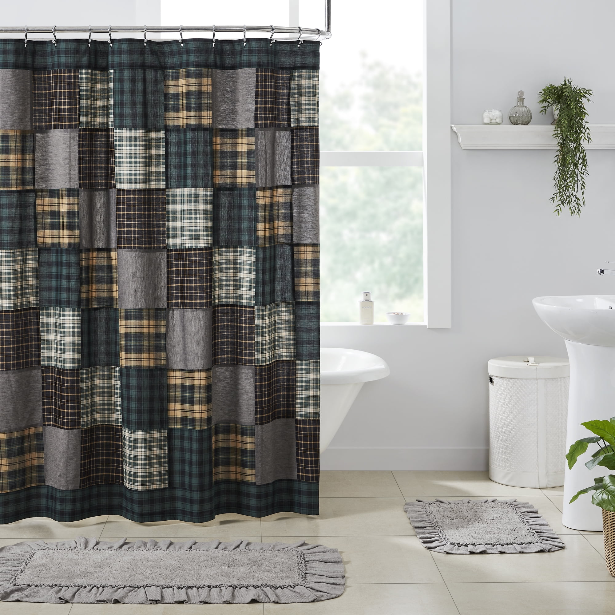 Pine Grove Green and Tan Cotton Patchwork Shower Curtain