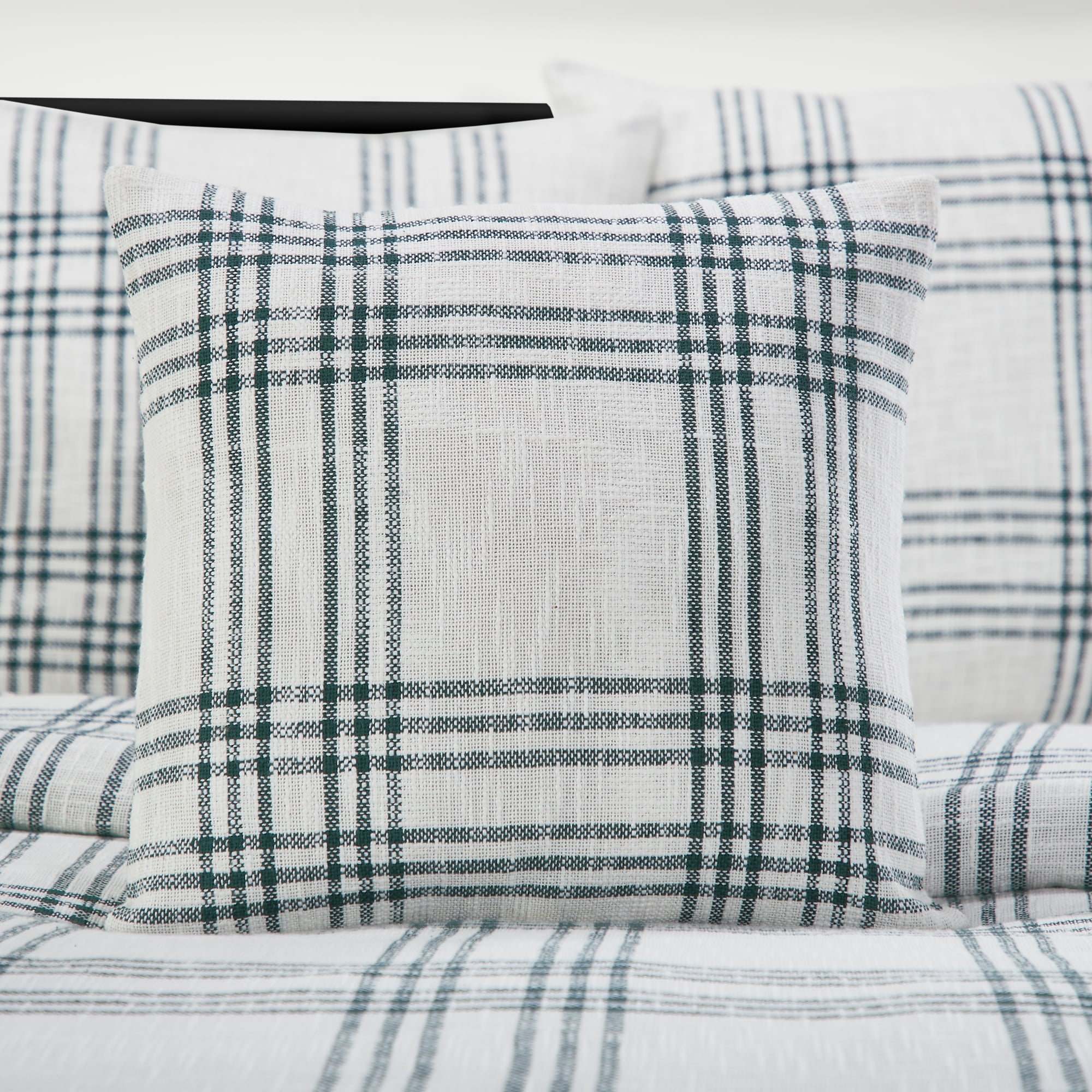 Medium Green and White Cotton Blend Plaid Accent Pillow
