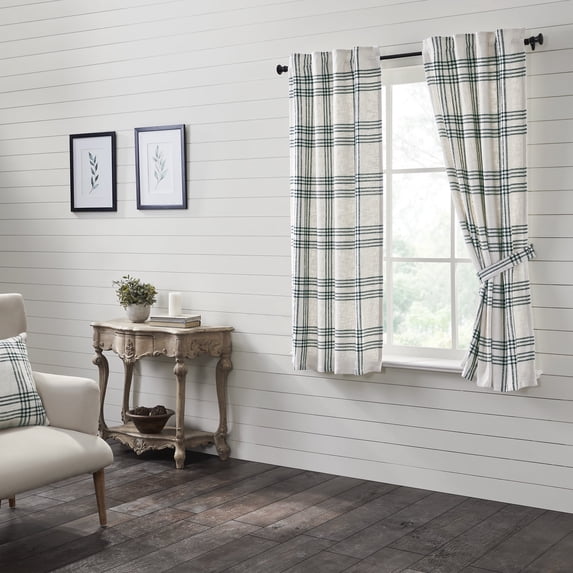 VHC Brands Pine Grove Plaid Short Curtain Panel, Green, 63x36, Set of 2