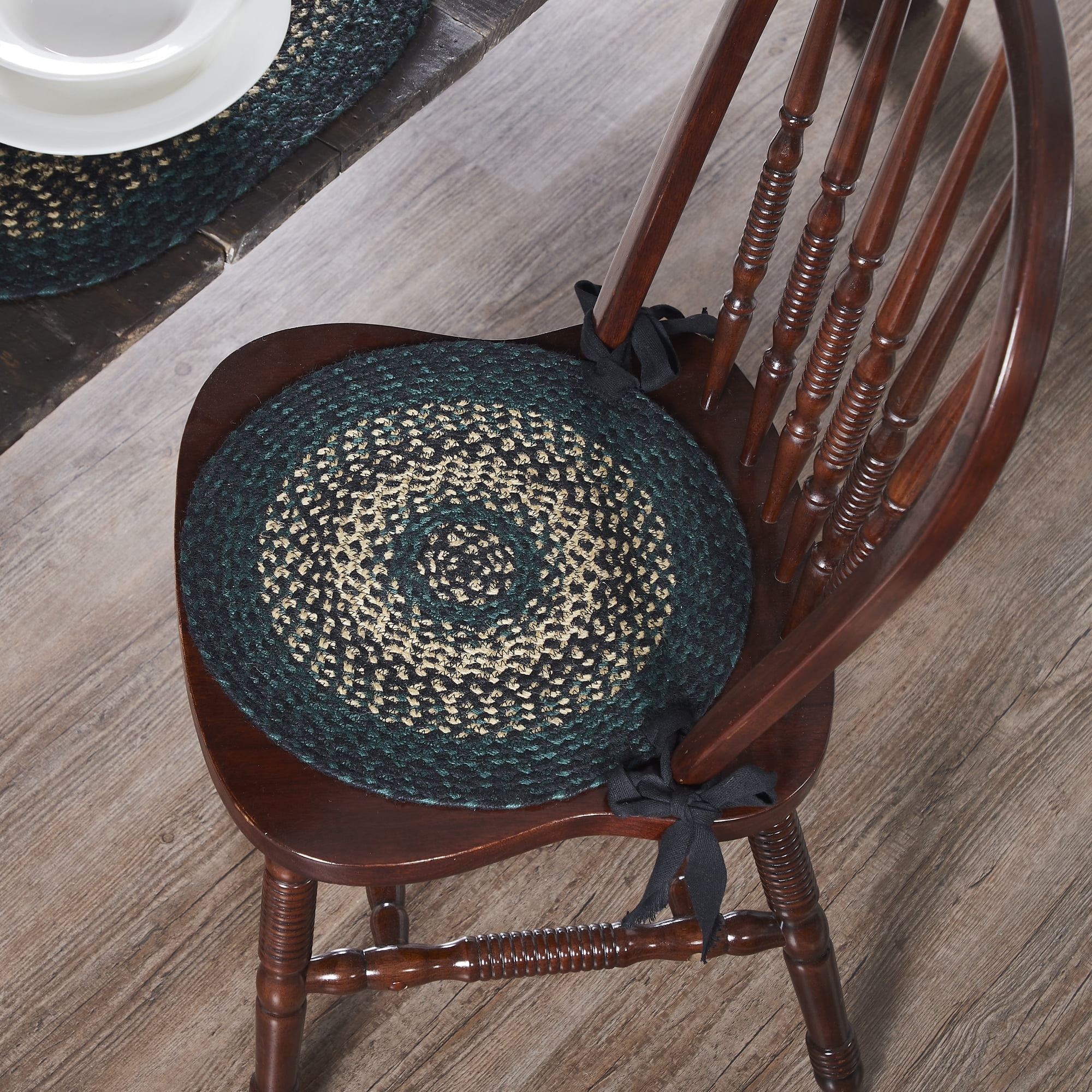 Rustic Green and Beige Round Jute Chair Cushion with Ties