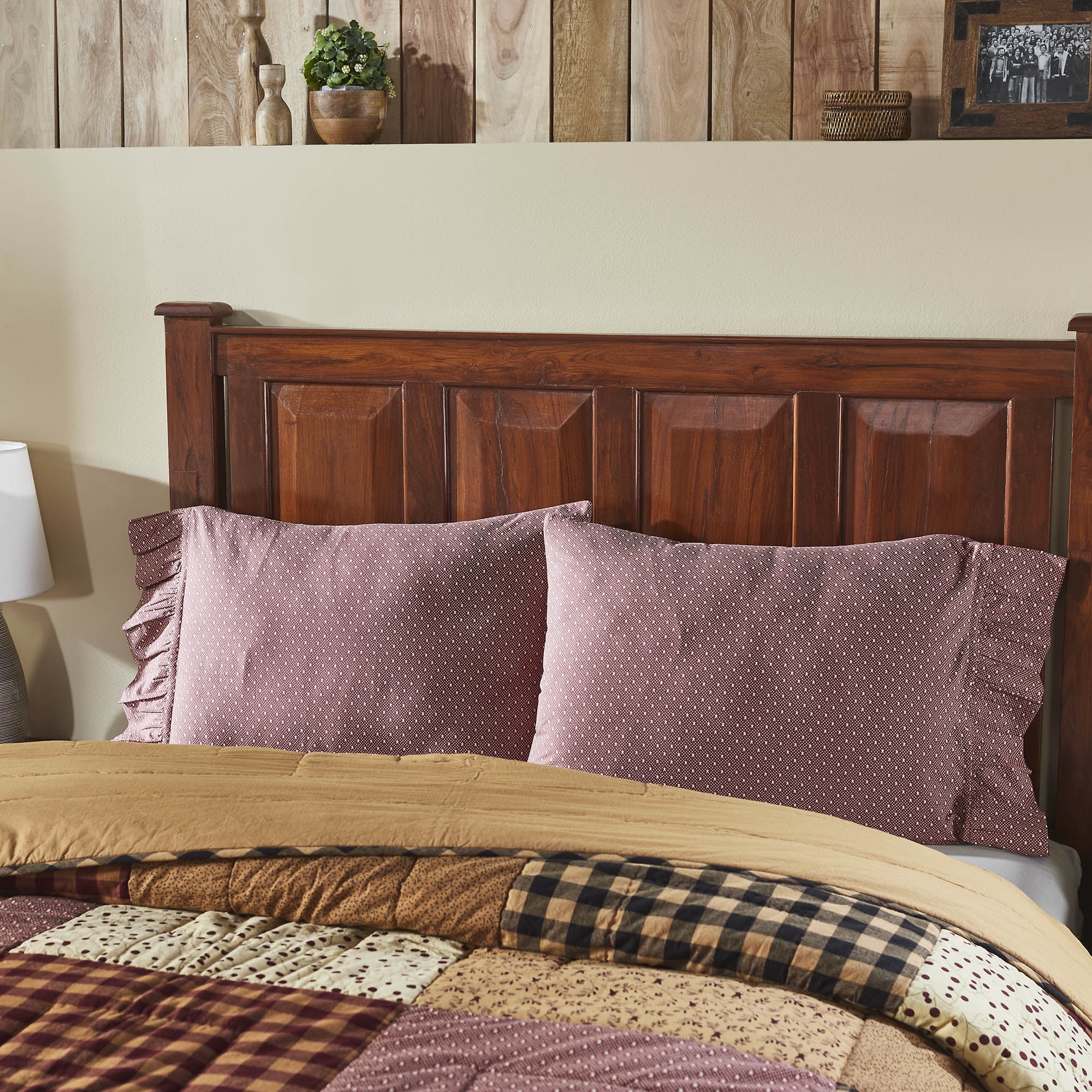 Burgundy Cotton Ruffled Standard Pillowcase Set with White Dots