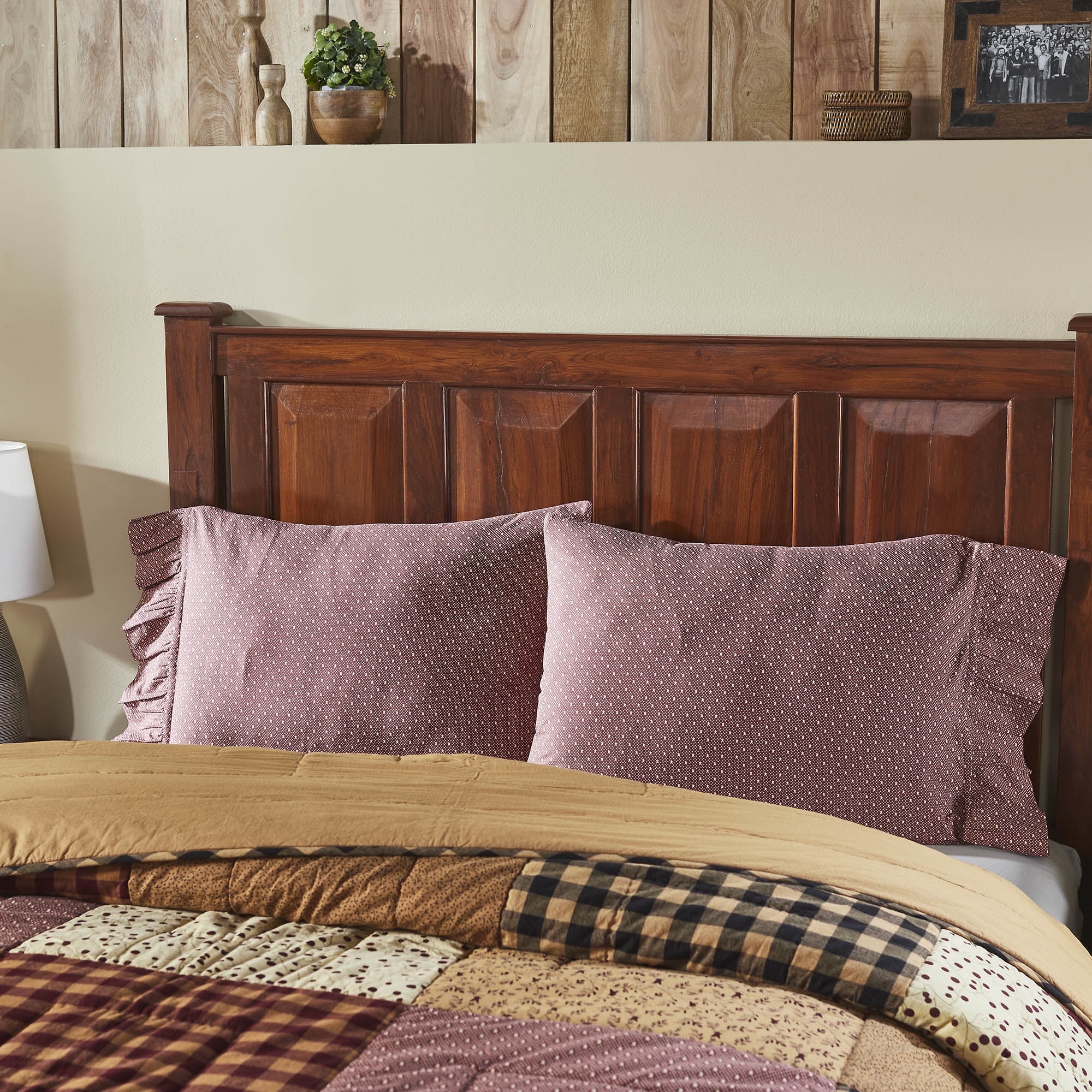 Burgundy Cotton Ruffled Standard Pillowcase Set with White Dots