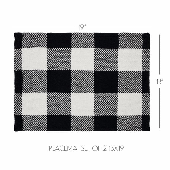 VHC Brands Placemat 13x19 Set of 2, Cotton Dining Room, Kitchen Placemat, Dining Table Placemats, Place Mat, Annie Buffalo Check Collection, Rectangle 13x19, Country Black