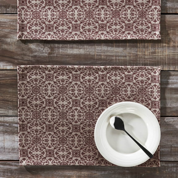 VHC Brands Custom House Burgundy Tan Jacquard Placemat Set of 2 13x19
