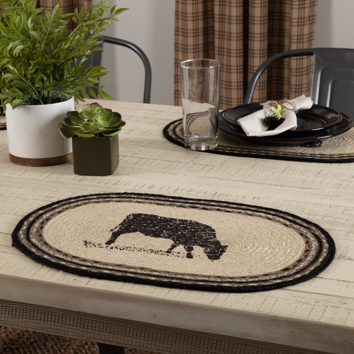 VHC Brands Placemats Sawyer Mill Charcoal Jute Farmhouse 12x18 Set of 6