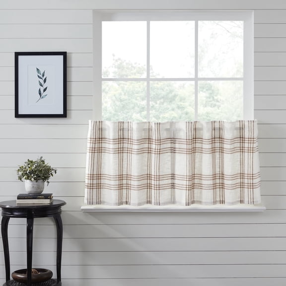 VHC Brands Plaid Curtain Tier, Wheat, 24x36, Set of 2