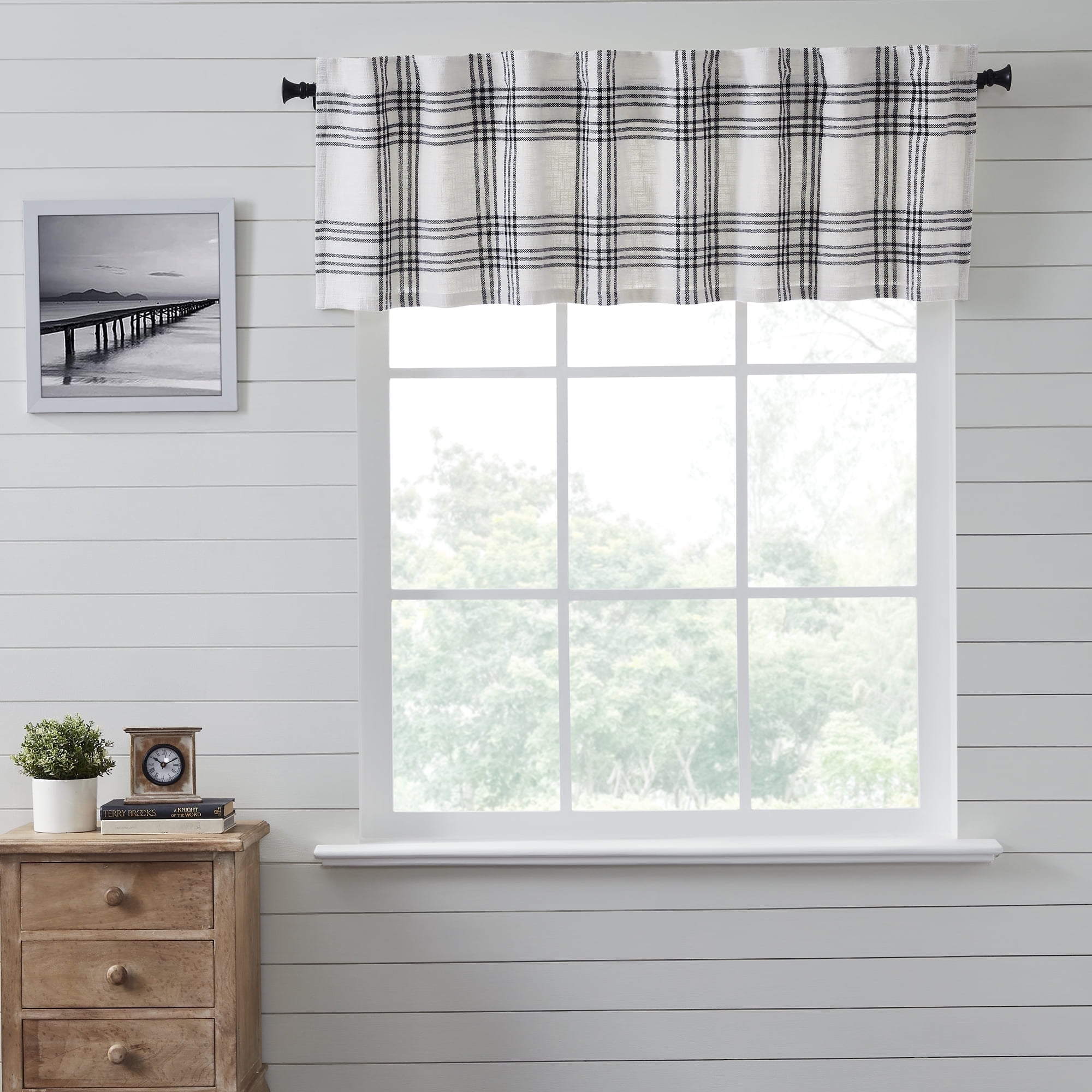 Black and White Plaid Cotton Rod Pocket Valance, 72" Width