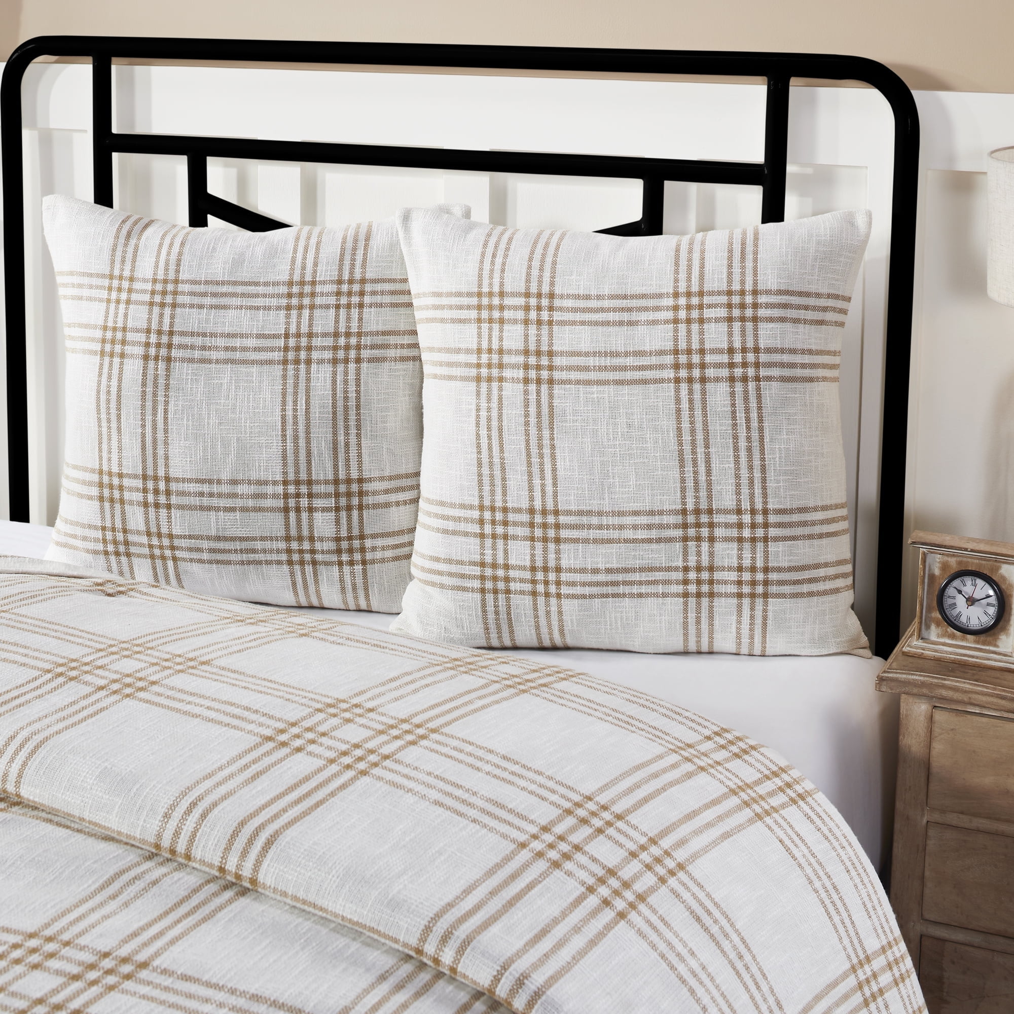 Euro Size White and Tan Plaid Cotton Pillow Sham