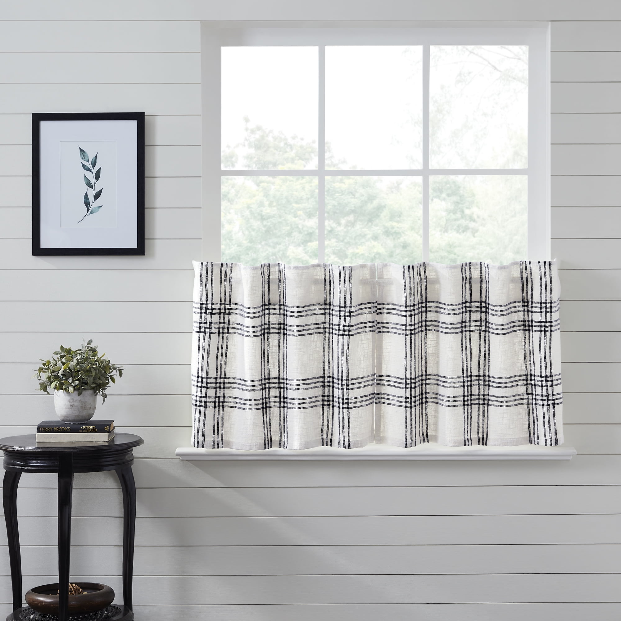 Black and White Cotton Plaid Kitchen Tier Curtains, 24" Length