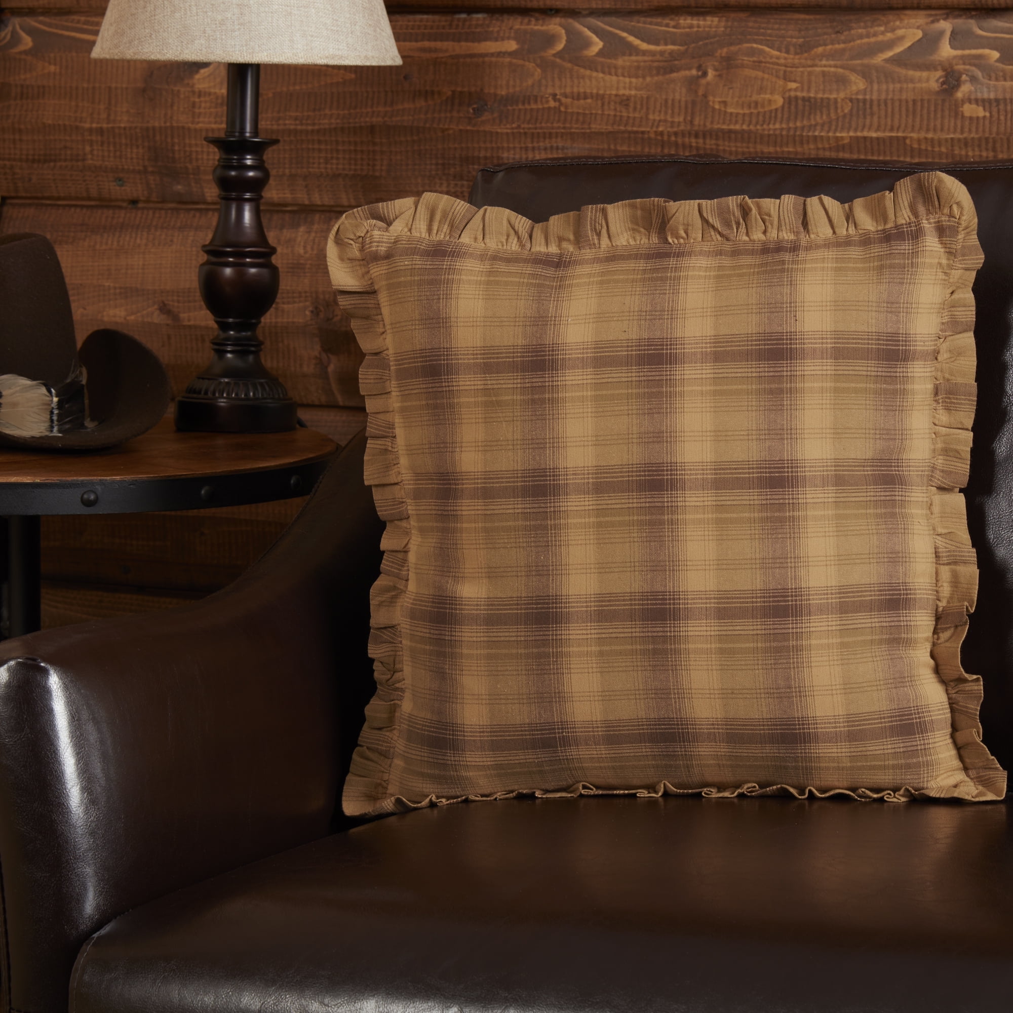 Prescott Tan and Brown Plaid Cotton Ruffled Square Pillow 16x16