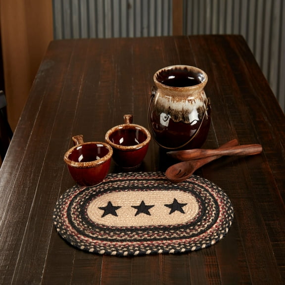 VHC Brands Primitive Colonial Star Table Placemat, Tan Black Red, Jute Blend, Oval, 12x18 Inches