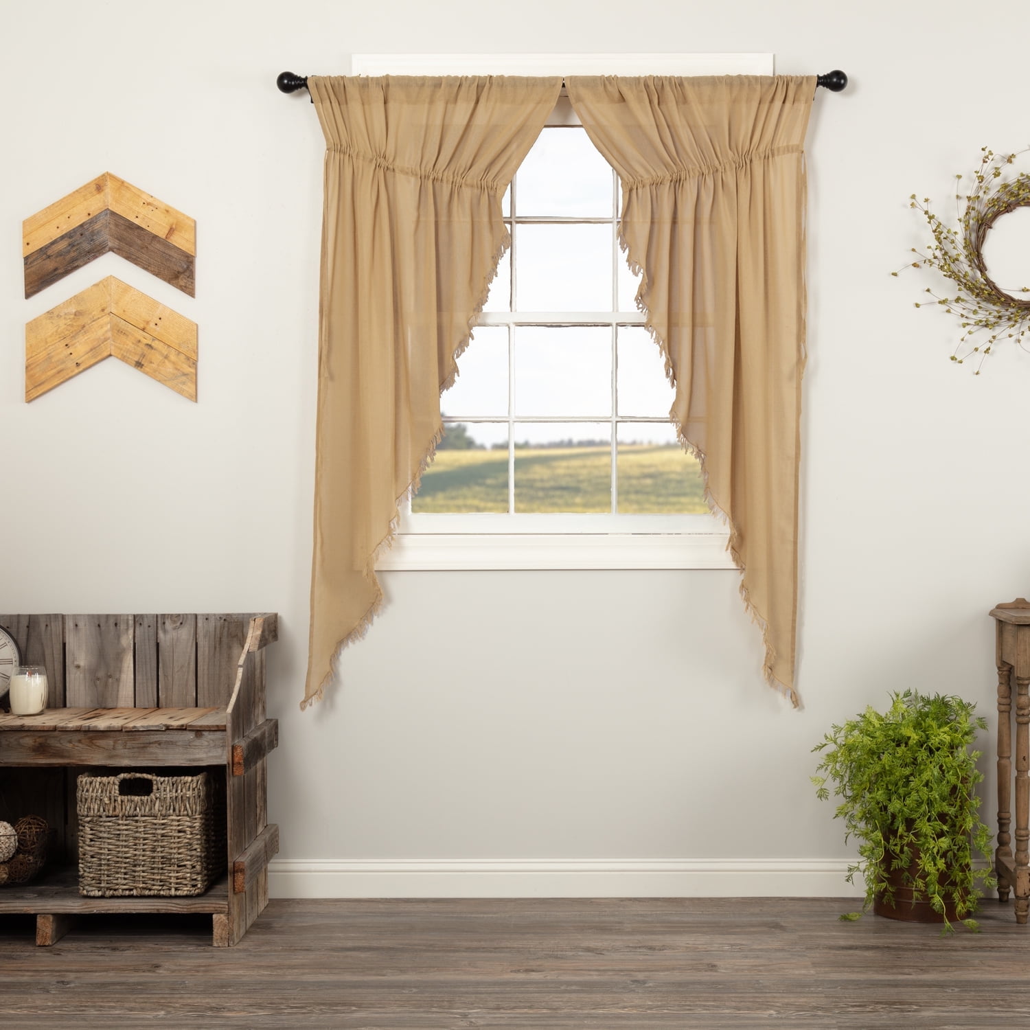 Tan Cotton Sheer Rod Pocket Fringed Prairie Window Panels