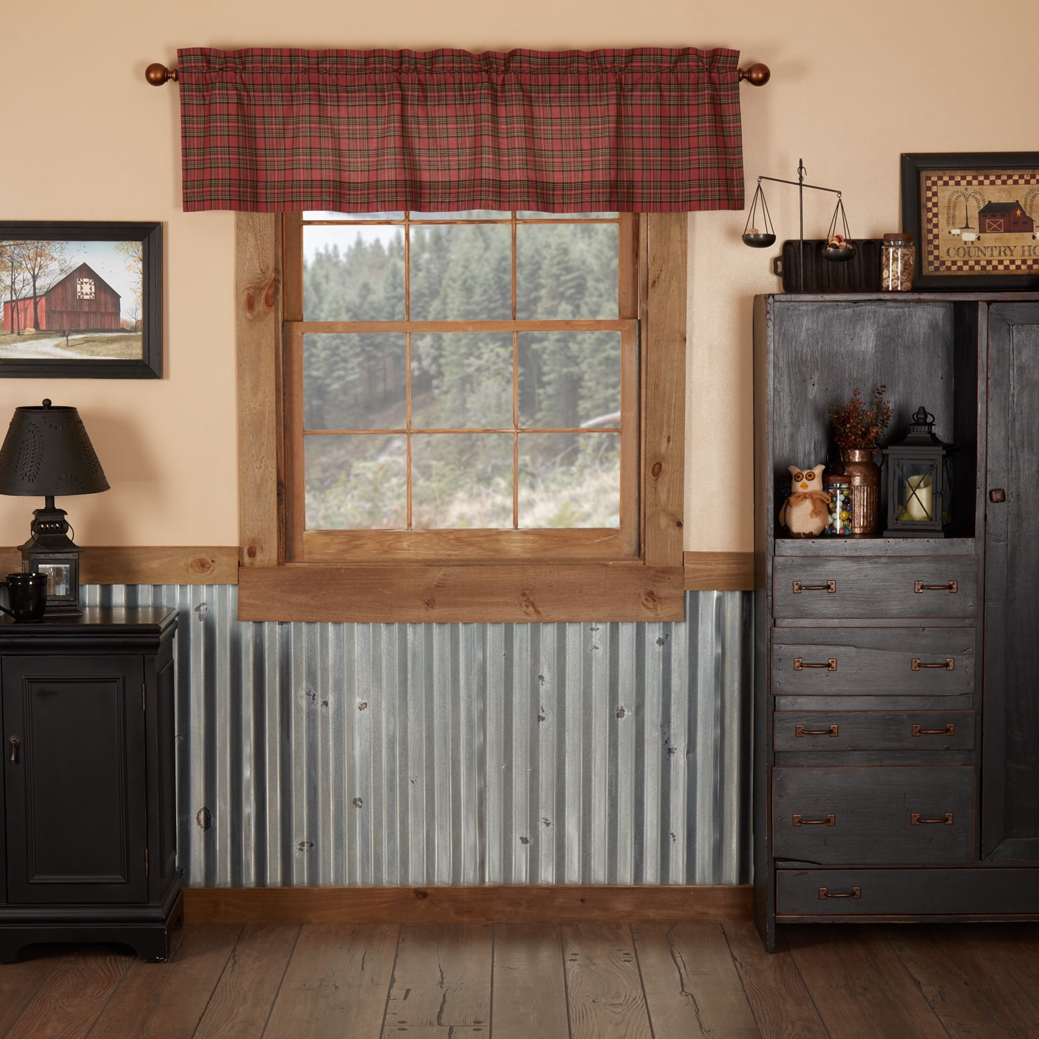 Brick Red and Forest Green Plaid Rod Pocket Valance, 16x60