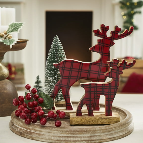 VHC Brands Red Plaid Wooden Reindeer Set of 2 - 6x6x2/9.5x9x2