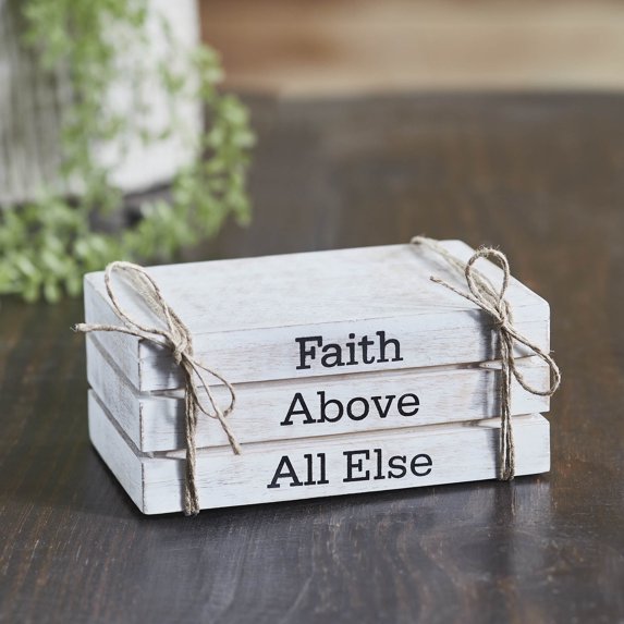 VHC Brands Risen Collection 4” Faith Above All Else Whitewash Faux Book Stack Figurine