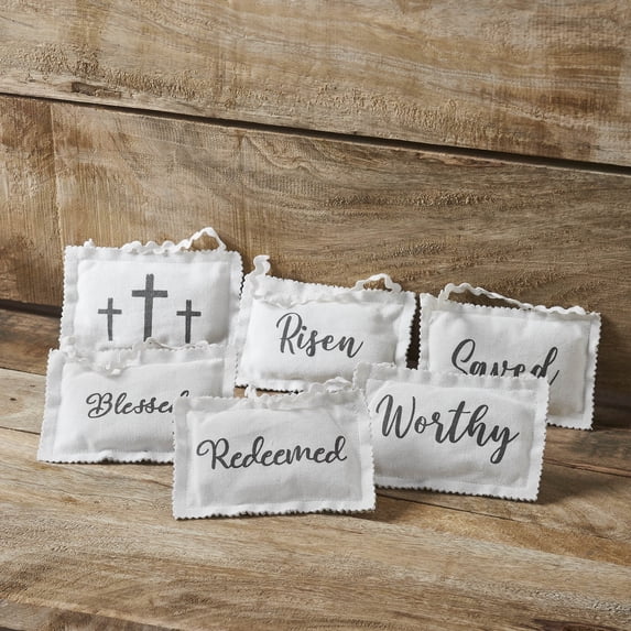 VHC Brands Risen Cloth Bowl Filler Religious Table Decor Farmhouse Knick Knacks Set of 6 White Black Blessed 3 Crosses