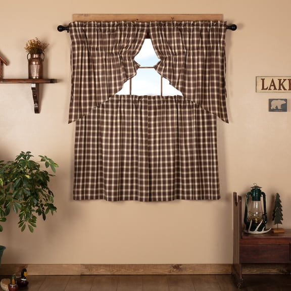 VHC Brands Rory 4 PC Chocolate Curtain Set (2 Prairie Swag 36x18 and 2 Tier 36x36)