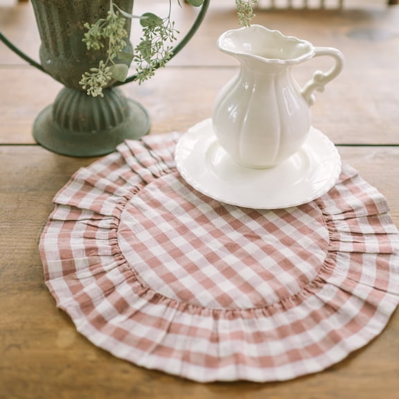VHC Brands Rosehill Cottage Dusty Rose Gingham Round Ruffled Cotton Placemats - Set of 6 - 15in Pink & Natural Table Mats